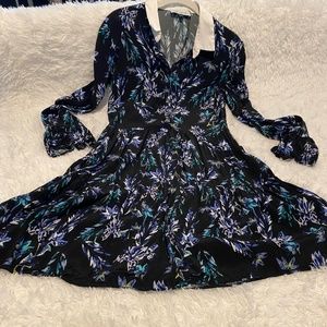 Blue floral collared flare skirt flare sleeve cuff Preppy Dress